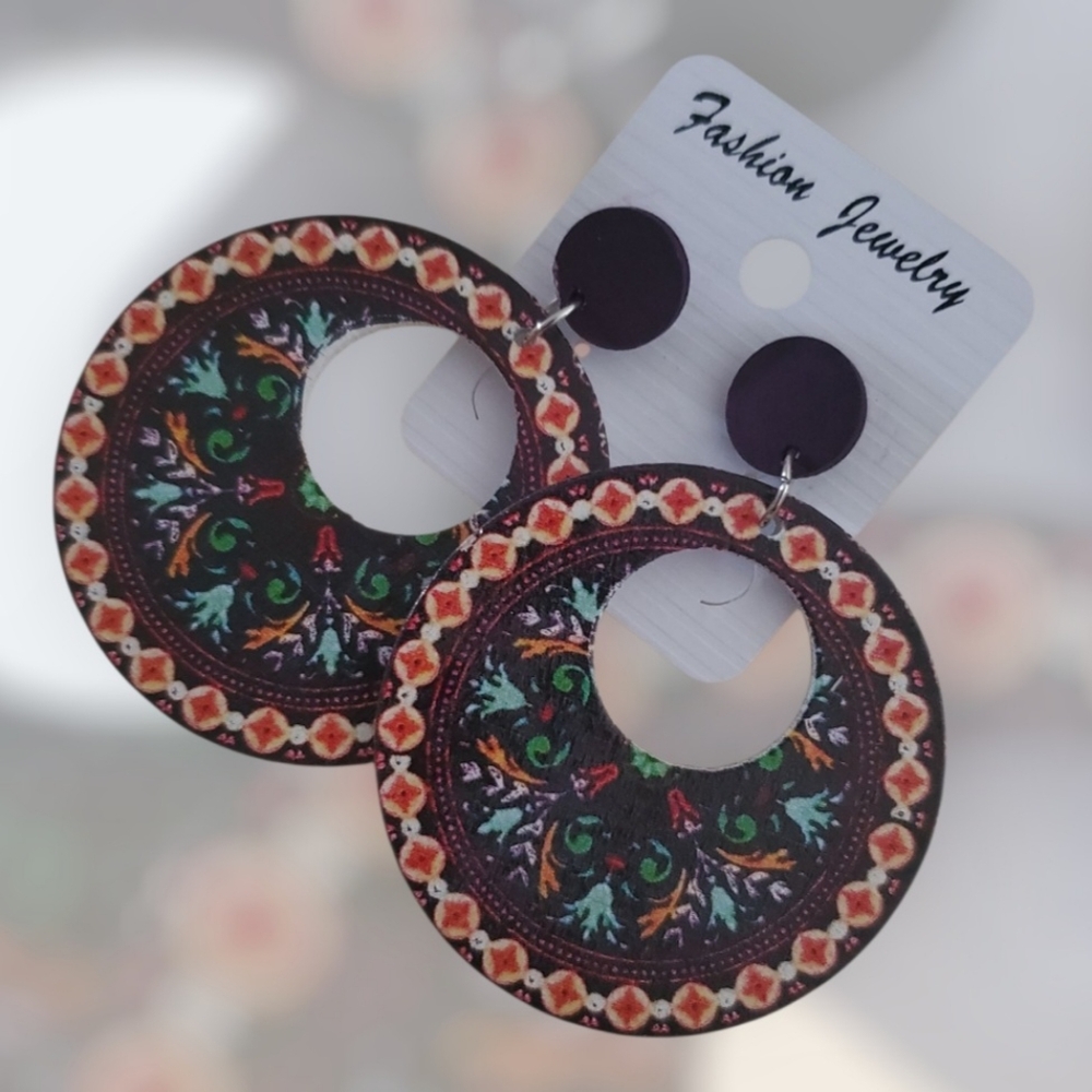 Boho Wooden Disc Mandala Print Earrings